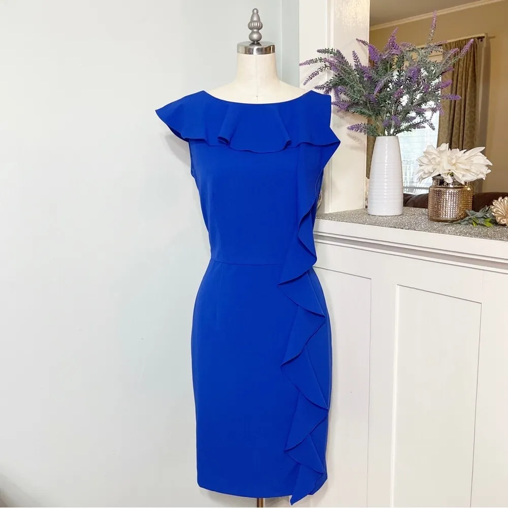 Calvin Klein Blue Ruffle Sheath Dress Career Office Party Size 6 Small - Image 3