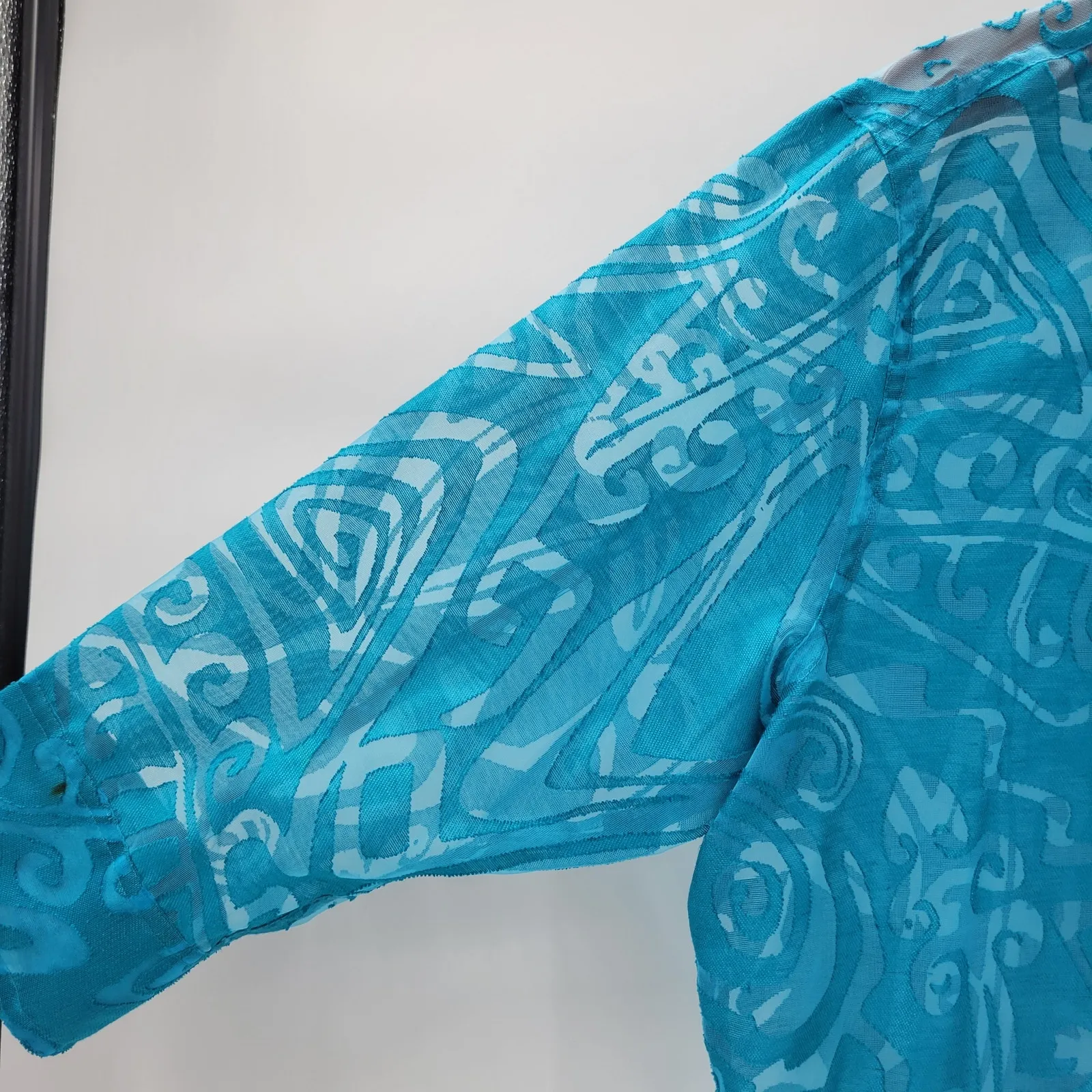 Marisol Button Up Top Womens XL Blue Sheer Turquoise Linen Blend Burnout Design - Image 8