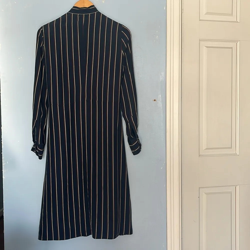Frame 100% Silk Navy Vintage Stripe Long Sleeve Button Up Midi Dress - Image 4