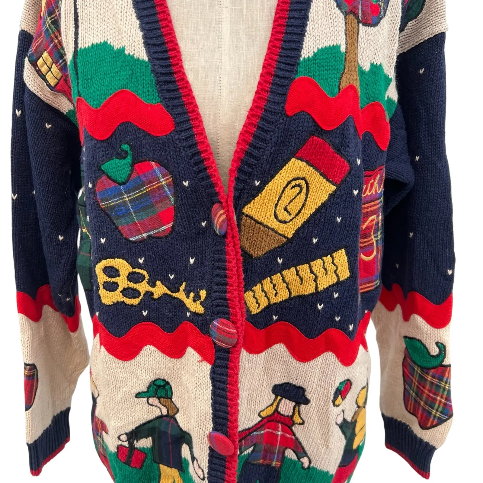 Vintage 90s BellePointe Folk Art Cardigan Sweater Novelty Print Blue Red Medium - Image 3