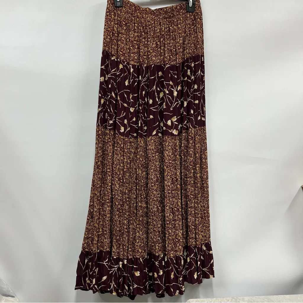 Vtg Floral Print Maxi tiered Skirt Burgundy Medium stretch boho flowy FLAWED - Image 10