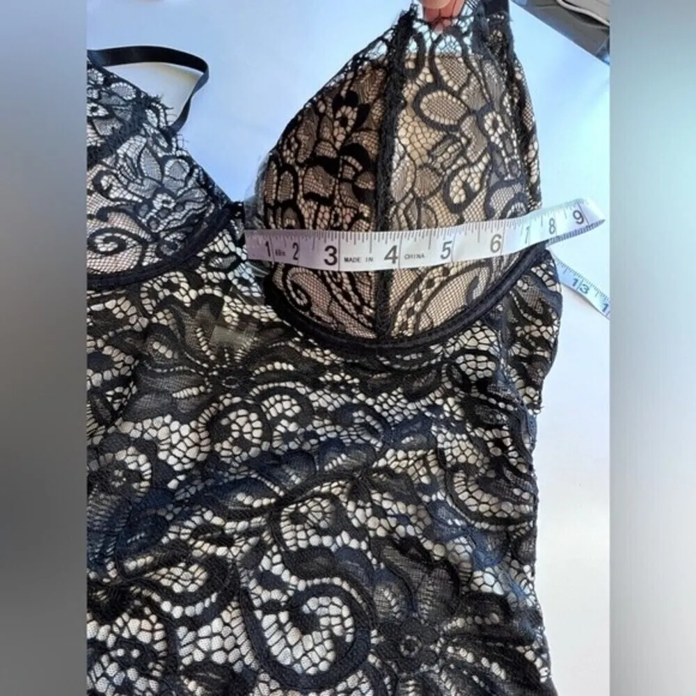 Sheer mesh sleeves floral lace spaghetti eyelash lace body suit. - Image 11