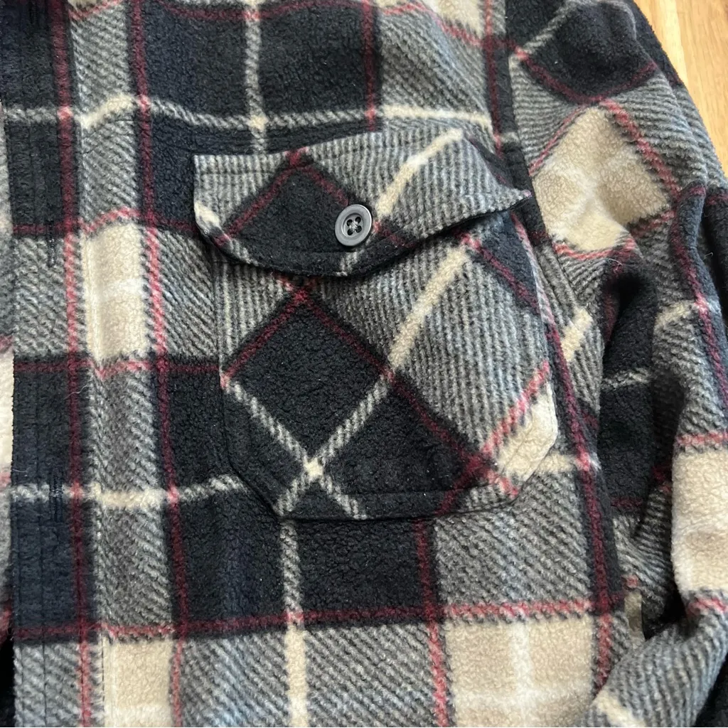 Freedom Foundry Plaid Fleece Button-Up Shirt Jacket Black Gray Beige M - Image 4