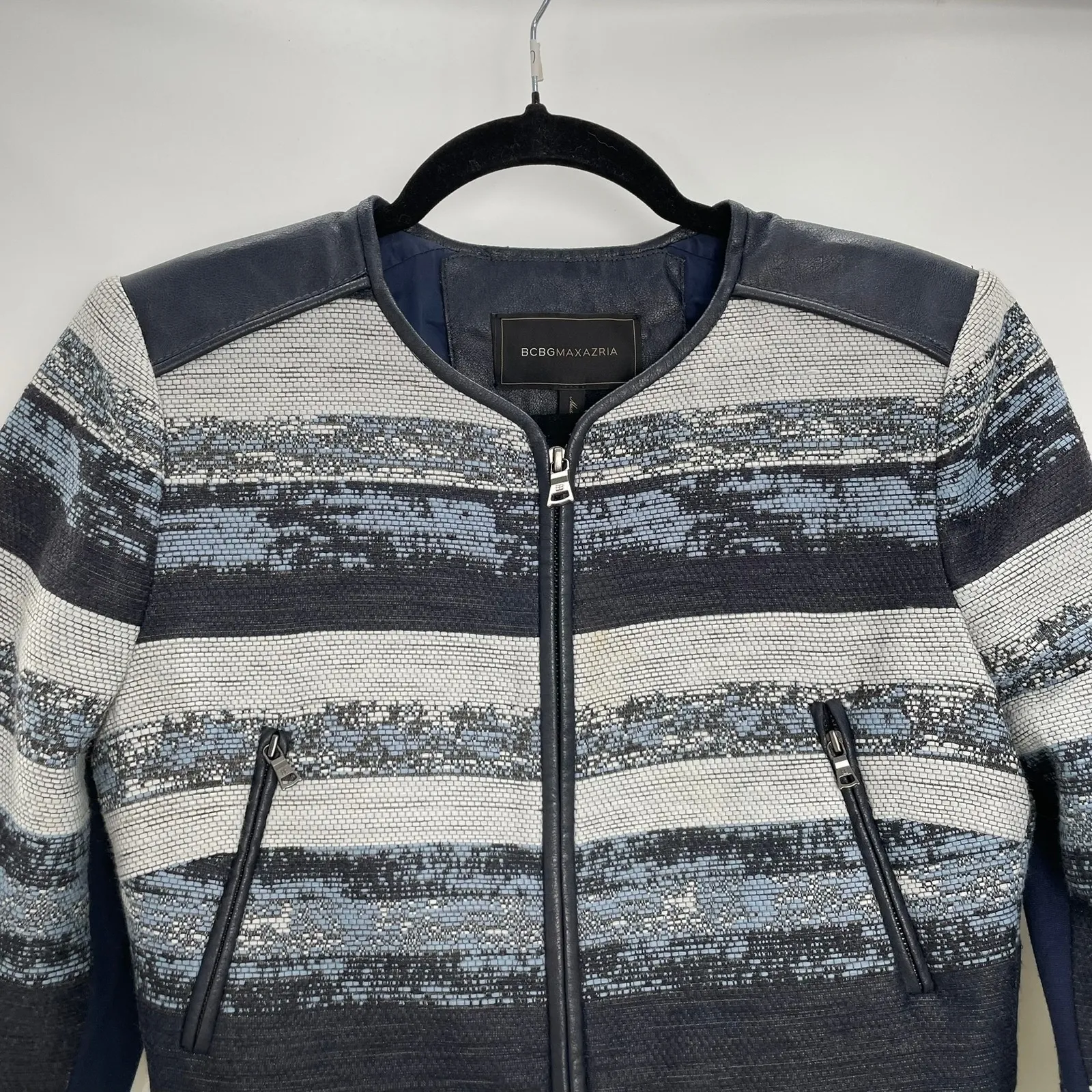 BCBGMAXAZRIA Women's Blue Gray Moto Rocker Woven Full Zip Jacket S - Image 4