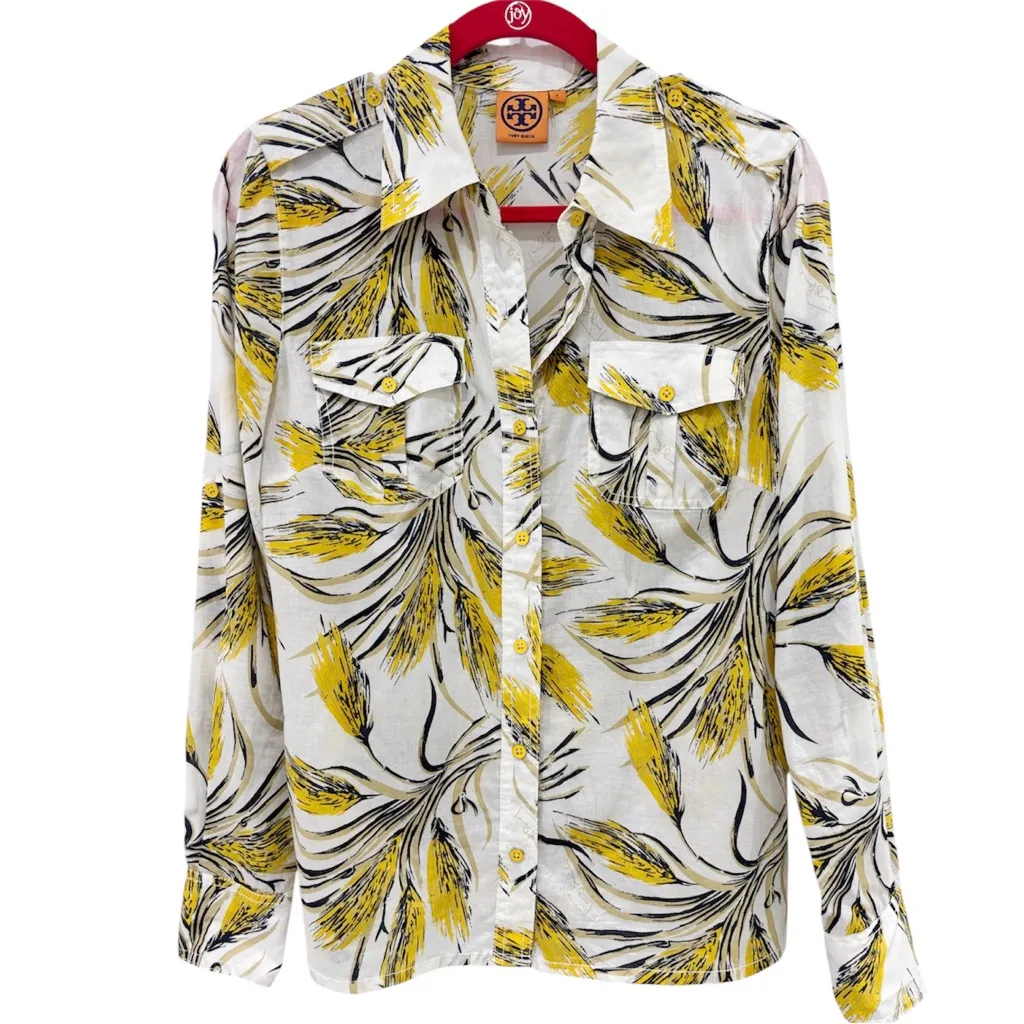NWOT Tory Burch Brigitte Yellow Wheat Print Roll Sleeve Signature Blouse Size 8 - Image 3