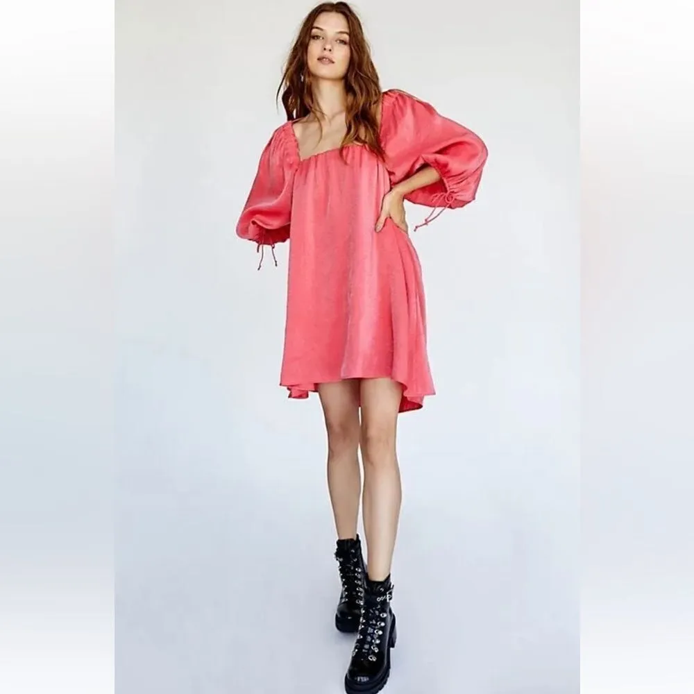 Free People Mara Shimmer Puff Sleeves Dress Hot‎ Pink - size small - Image 4