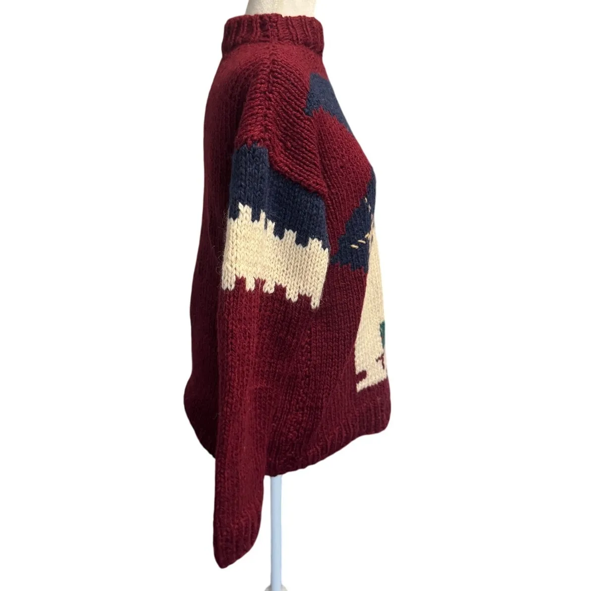 Vintage 80s–90s Greek Wool Holiday Sweater Cabin Scene Cottagecore Red Size M - Image 4