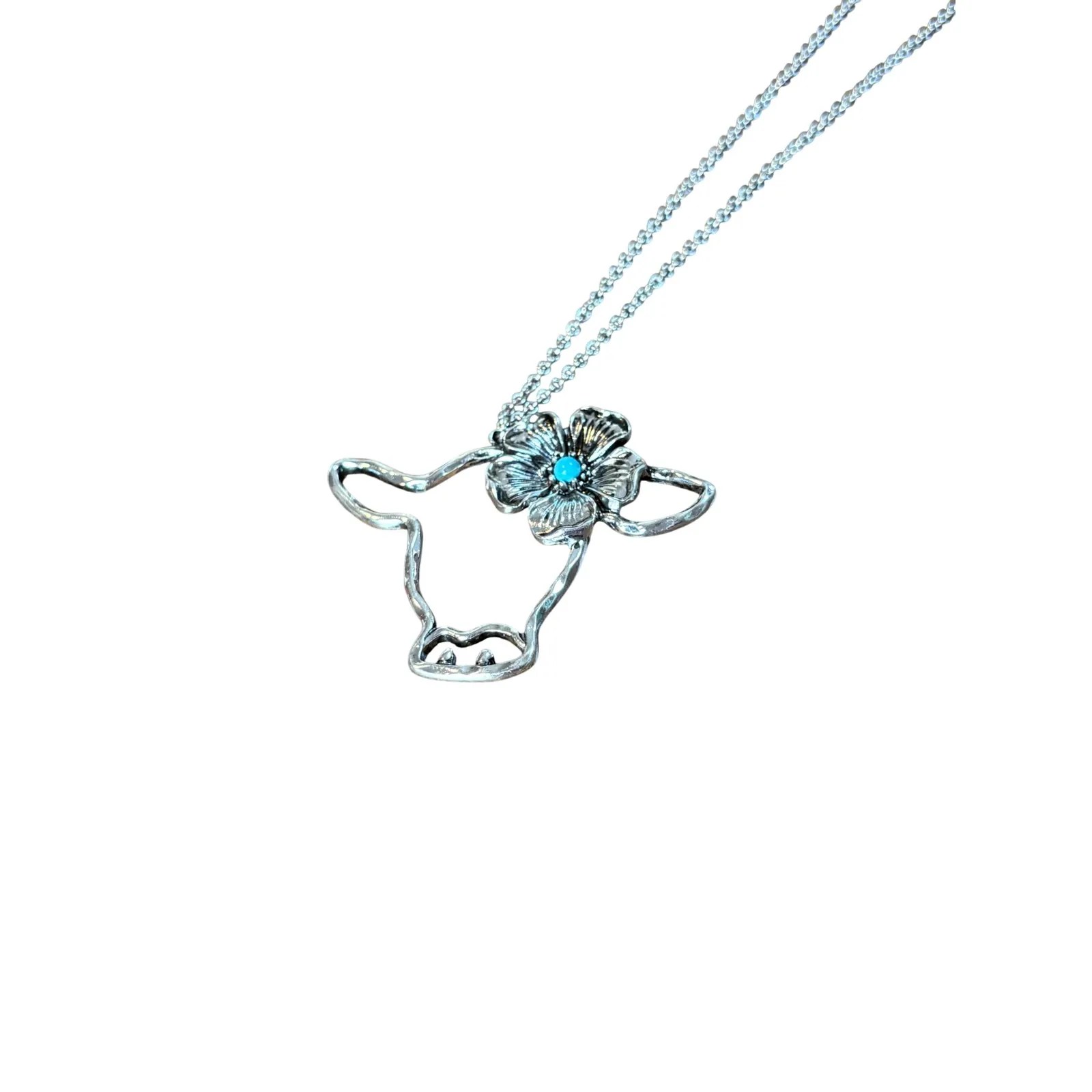 Silver Tone Cow Head Flower Pendant Necklace Western Boho Turquoise Accent New - Image 4