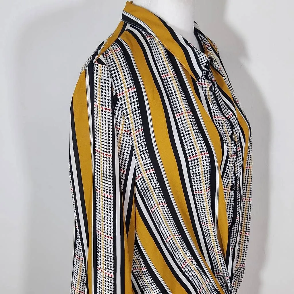 Haute Monde Mustard and Black Houndstooth Print Blouse Size Large Colorful Top - Image 4