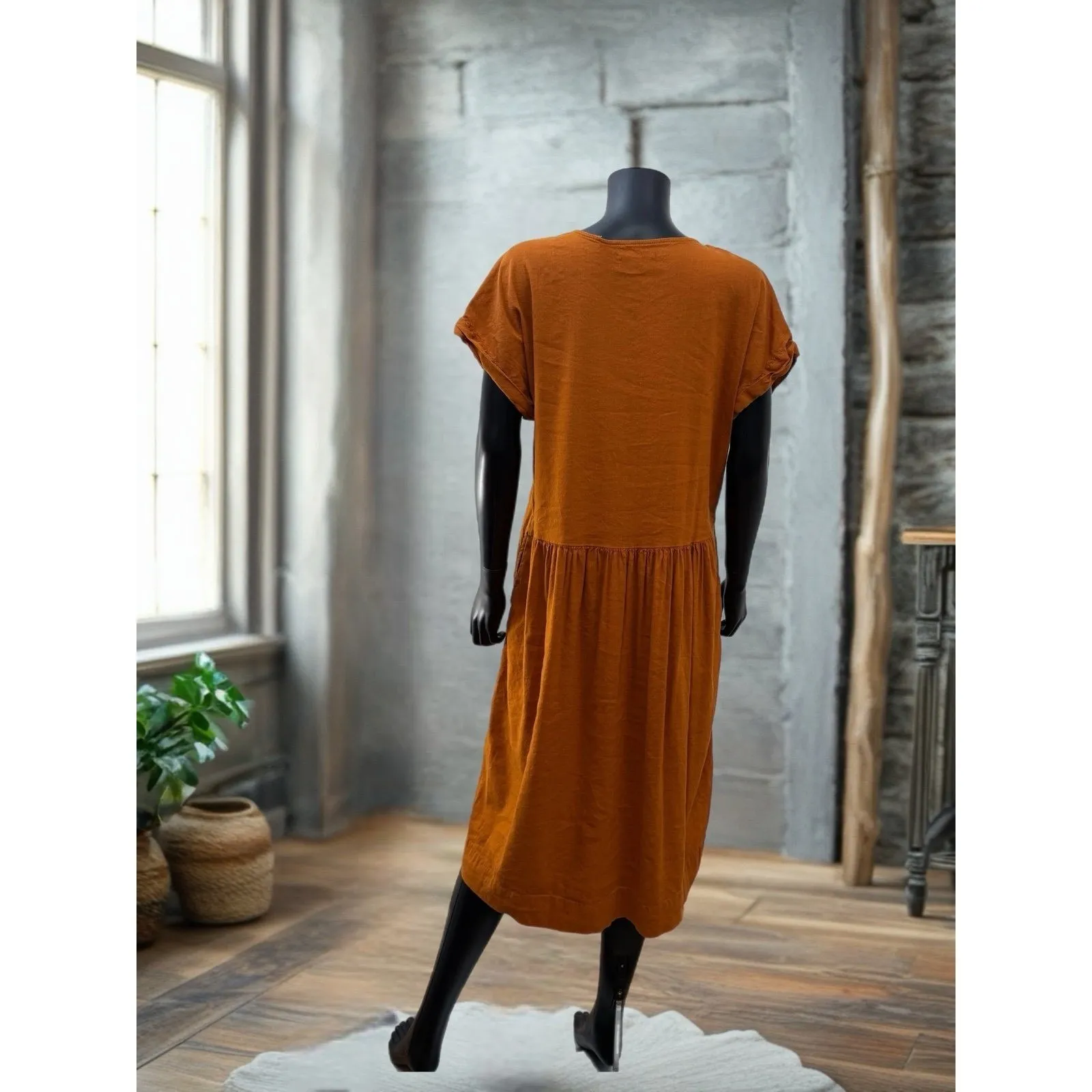 LOFT Linen Blend Babydoll Midi Dress Rust Orange V-Neck Short Sleeve Size L‎ - Image 4
