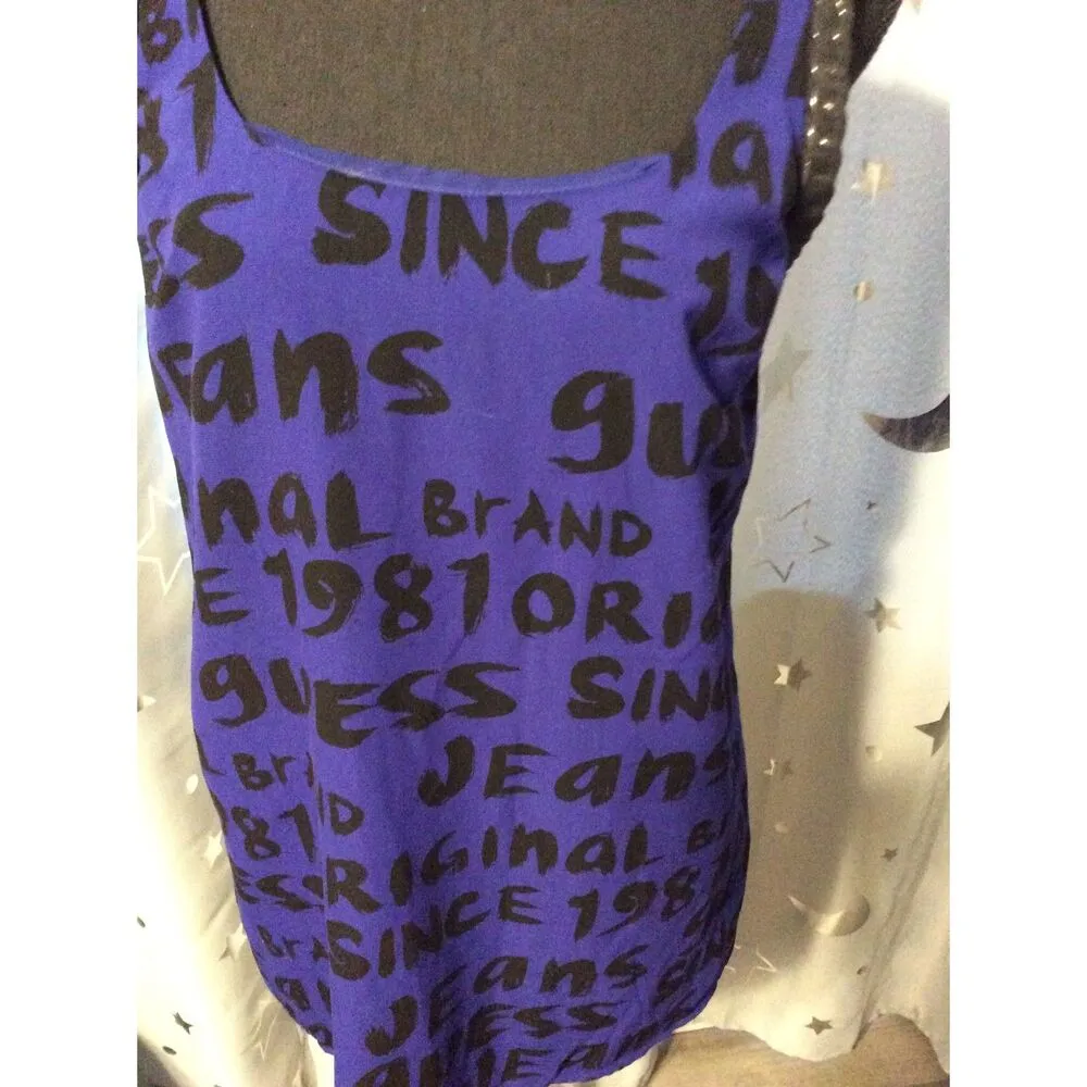 Vintage Y2K Guess Tank Graffiti words Blue Faux Leather Braid Trim Small S - Image 5
