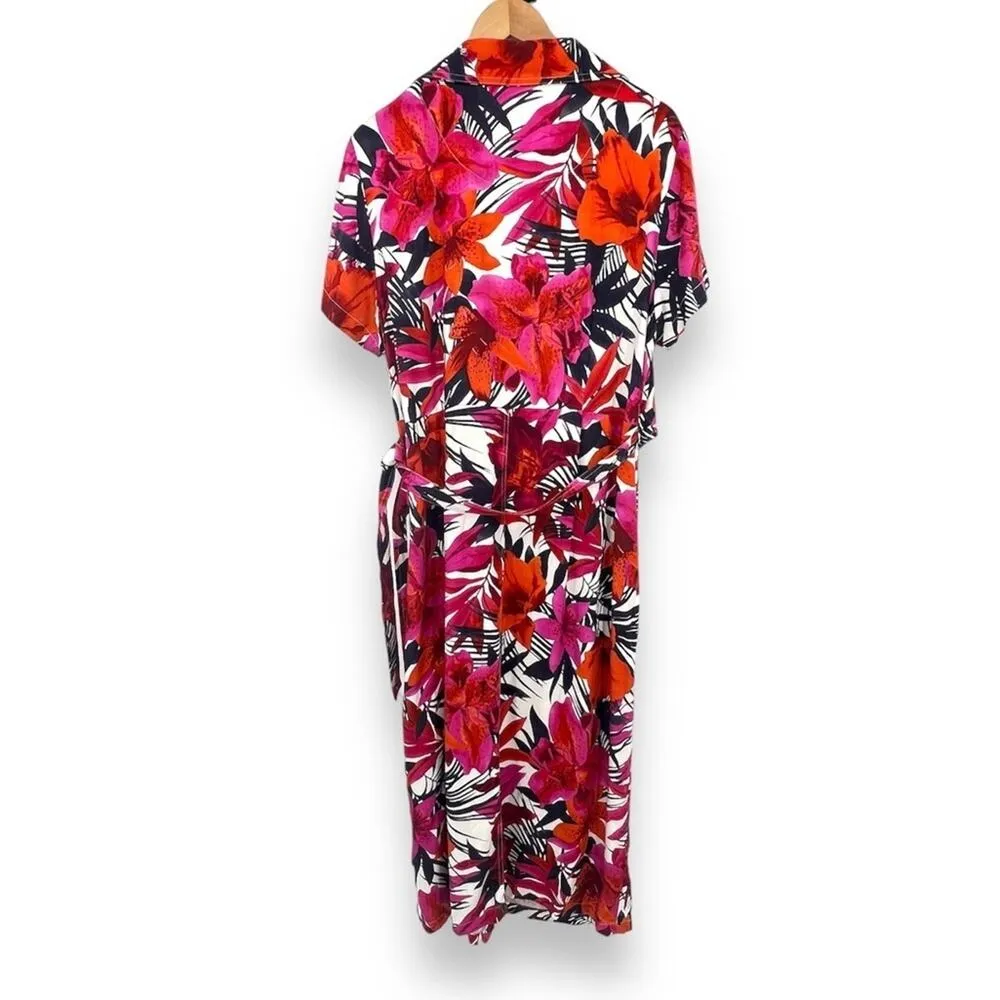 Caribbean Joe pink floral lillies faux wrap side tie short sleeve tropical dress - Image 3