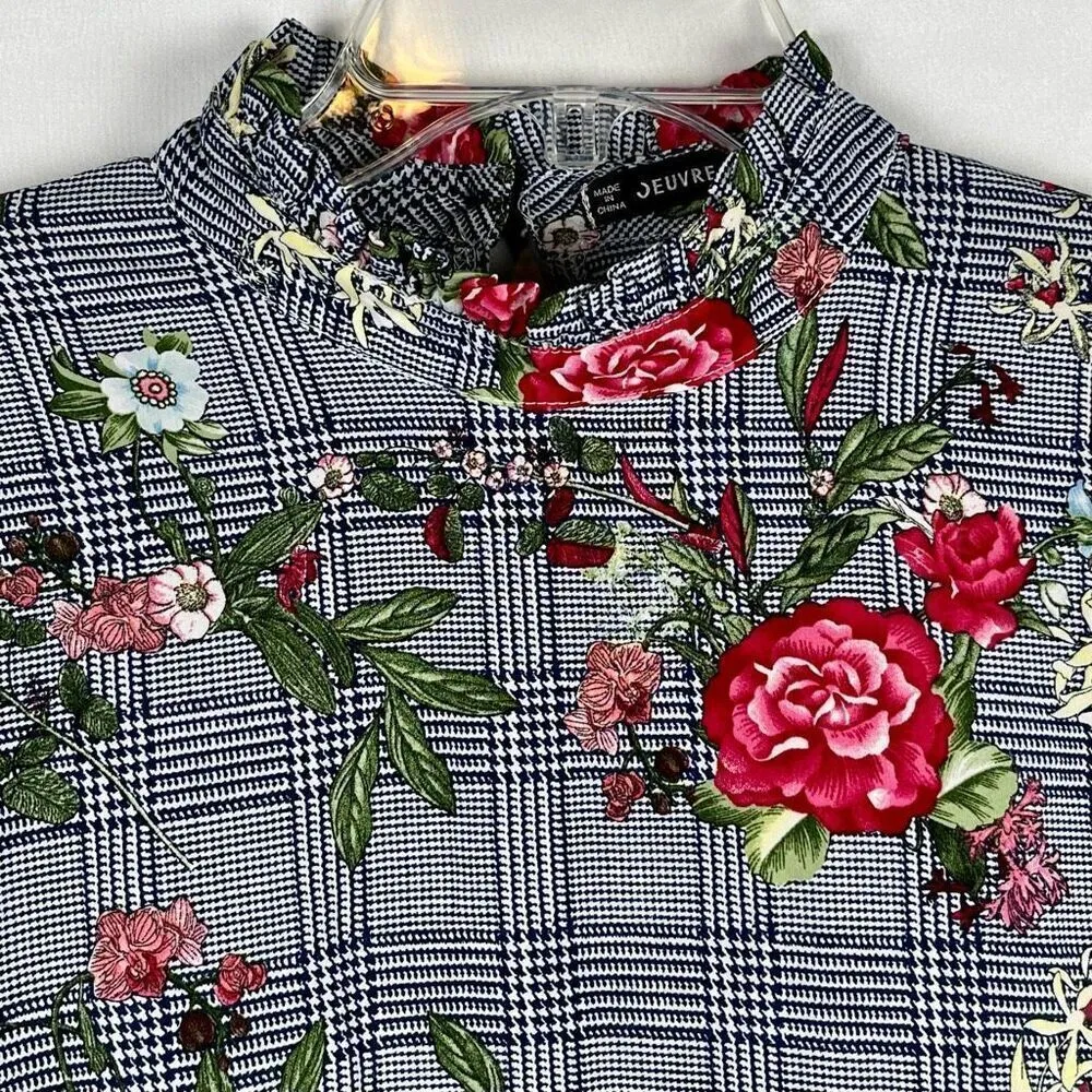 Jeuvre Floral Ruffle Plaid Mock Turtleneck Long Sleeve Blouse Medium Black - Image 2