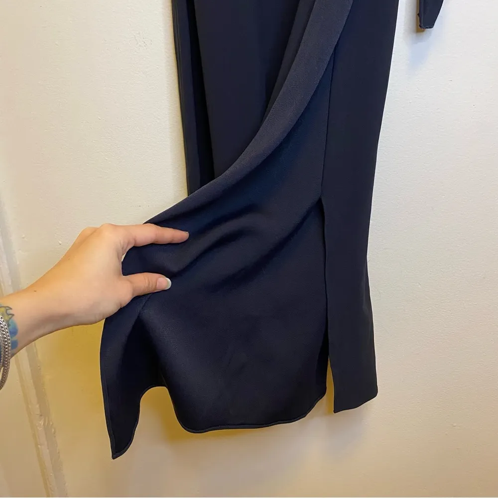 HELMUT LANG Tie Sleeve Asymmetrical Satin Crepe Midi Shift Dress in Black Sz XS - Image 12