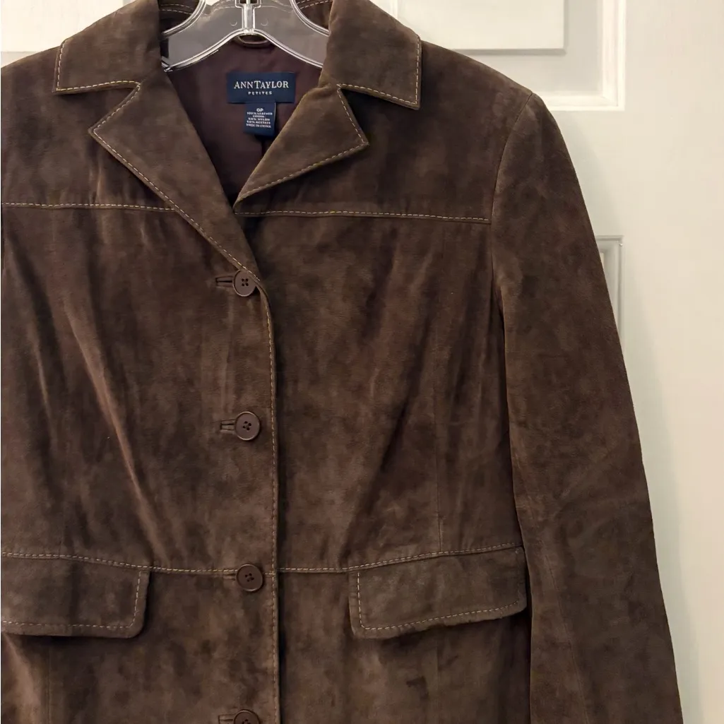 Vintage Brown Mid Length Suede Leather Ann Taylor Jacket Coat - Image 3