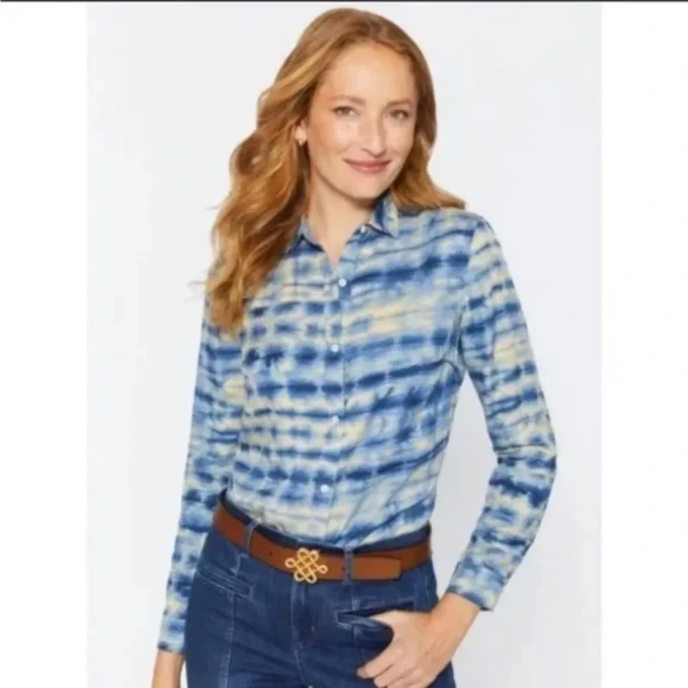 J.McLaughlin Tencel Shirt Blue Tie Dye Lux Long Sleeve Blouse Button‎ Size S - Image 2