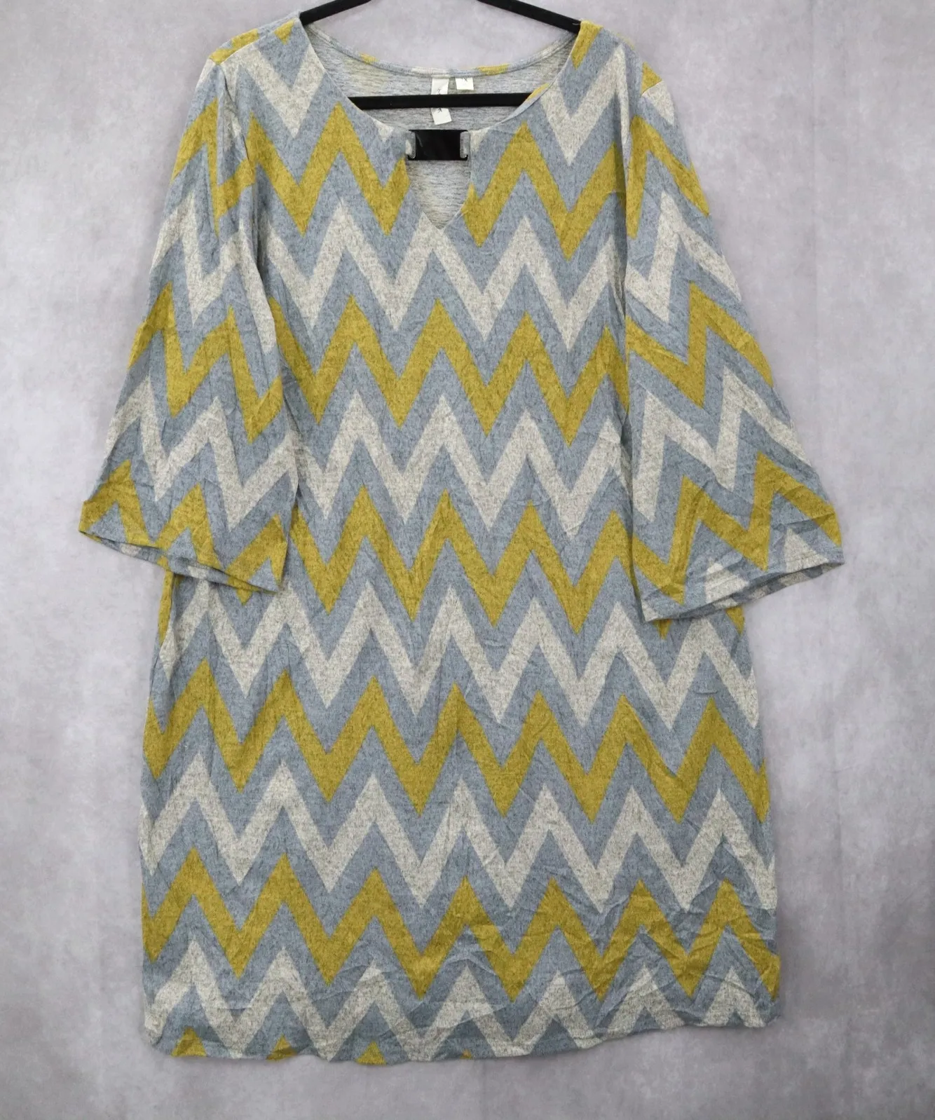 Tacera Gray Yellow Chevron Formal Work Relaxed Flare Boho Midi Dress Plus 2X - Image 1