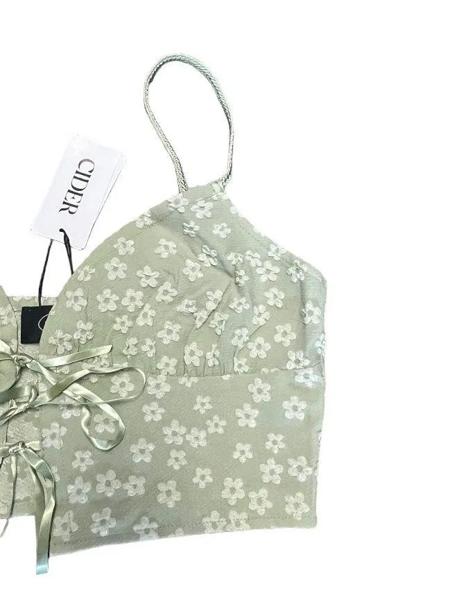 daisy floral lace cropped corset top sage green size medium - Image 3