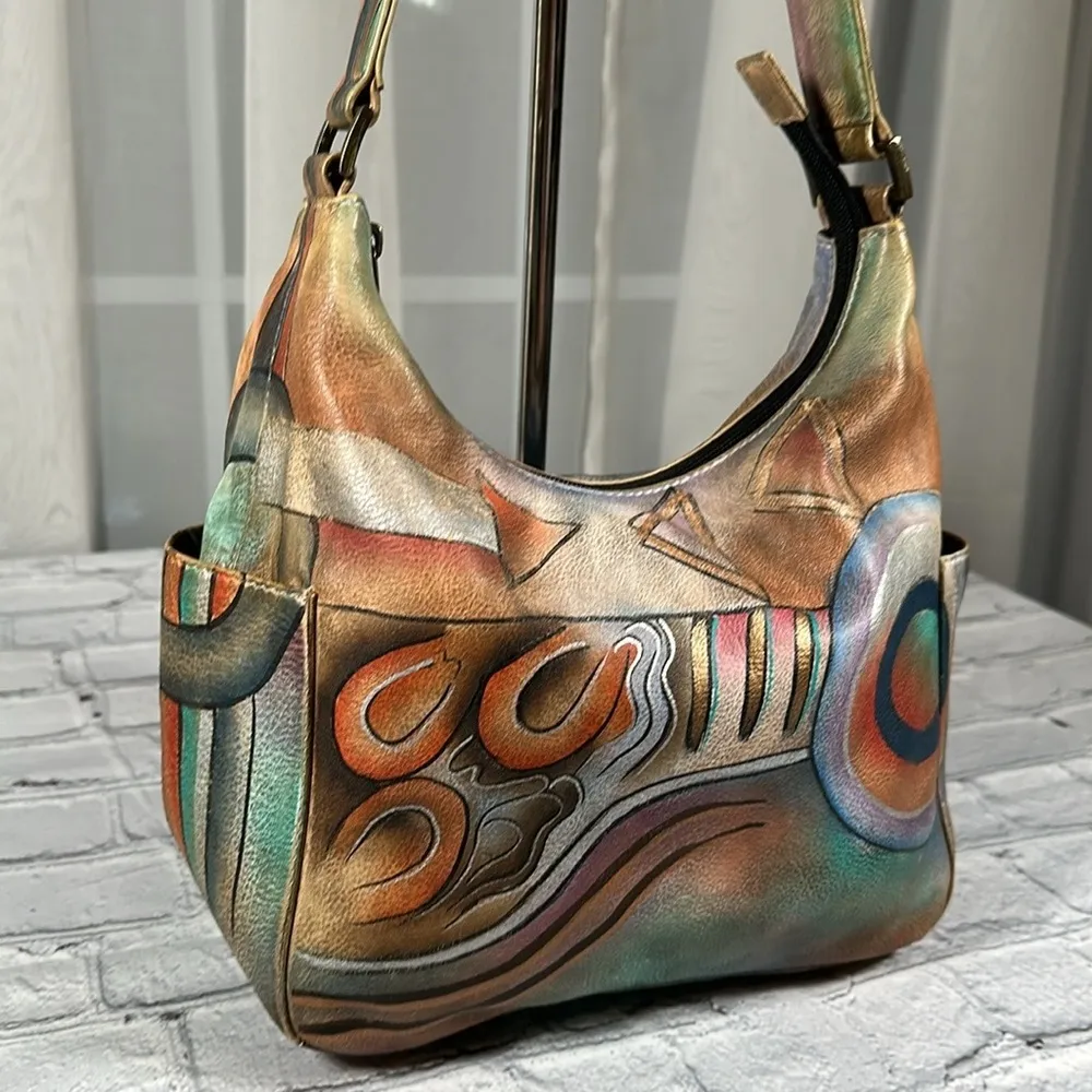 Anuschka Hand Painted Leather Purse Boho Hippie Handbag Tote India Abstract Art - Image 16