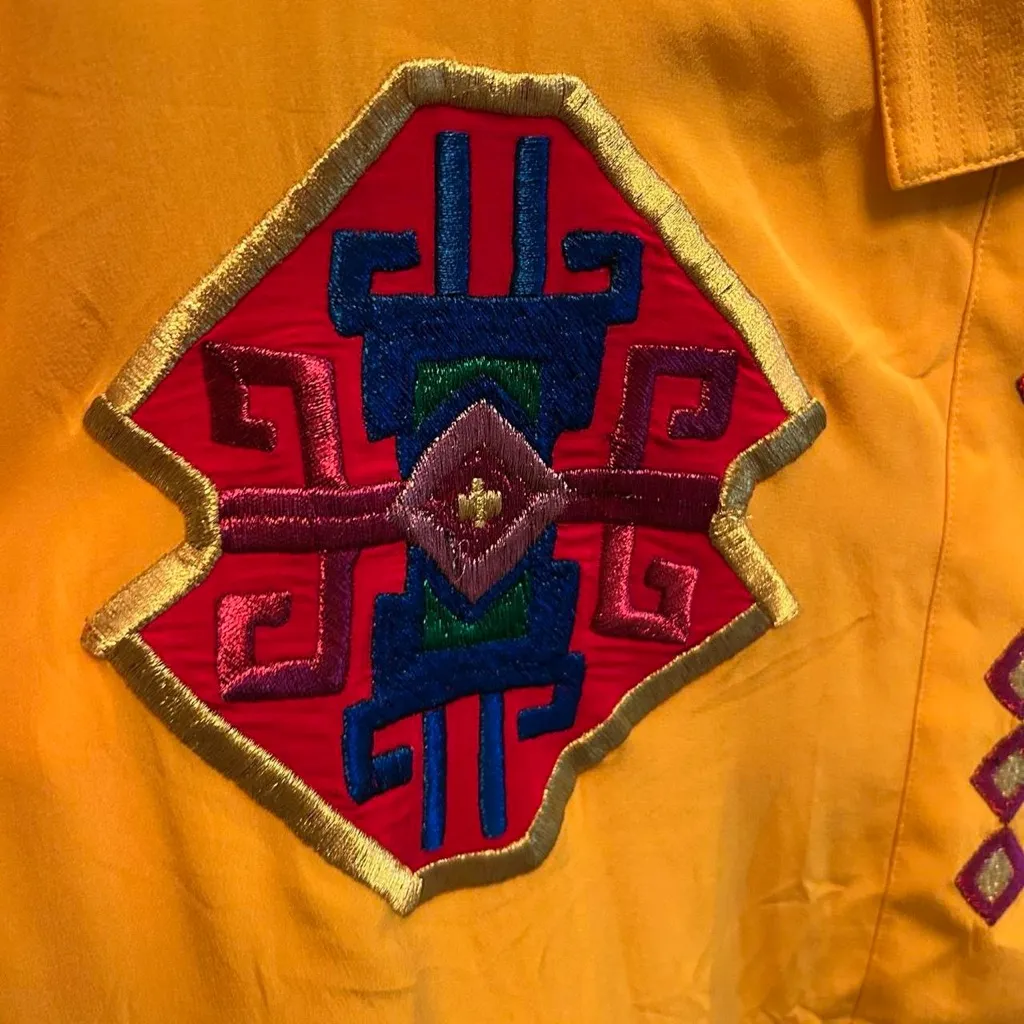 Rare Vintage 90s Adrianna Papell  Silk Jacket –Yellow + Navajo Embroidery – M - Image 4