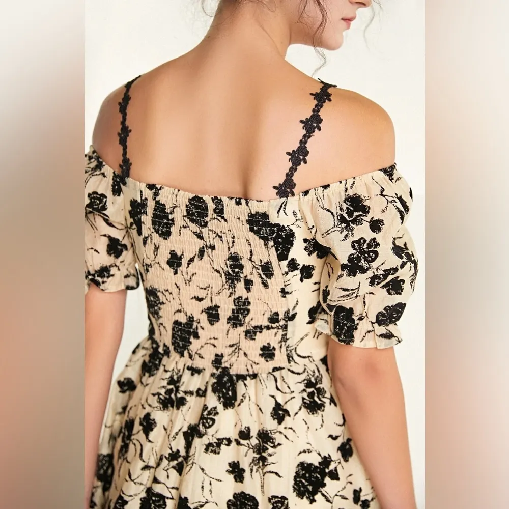 J.ING Cream Off Shoulder Rose Floral Print Midi Dress Black - Image 5