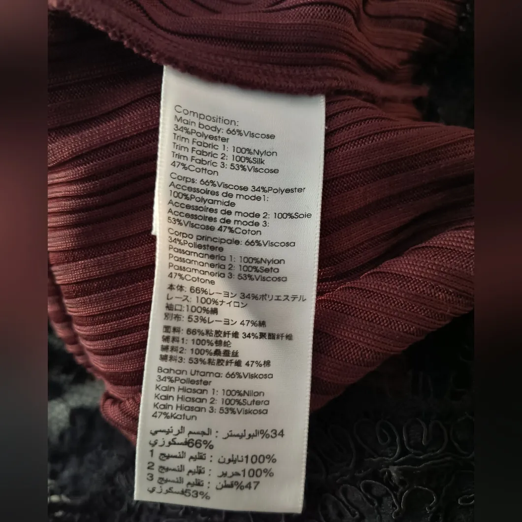 3.1 Phillip Lim Women's Burgundy Black Silk Lace Trim Ribbed Long Sleeve Top L - Image 6