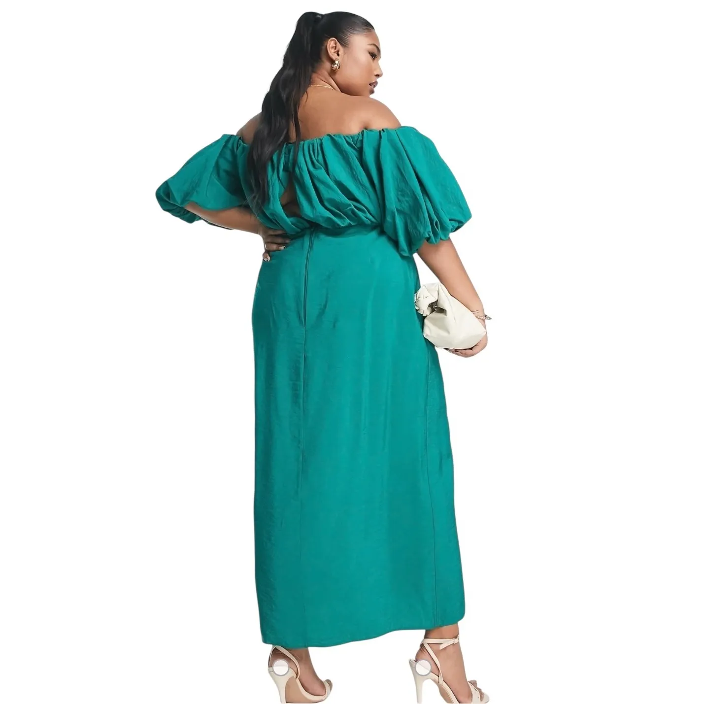 ASOS NWT Design Curve Emerald Green‎ MIDI Dress Off Shoulder Puff Sleeve 18 Green - Image 3