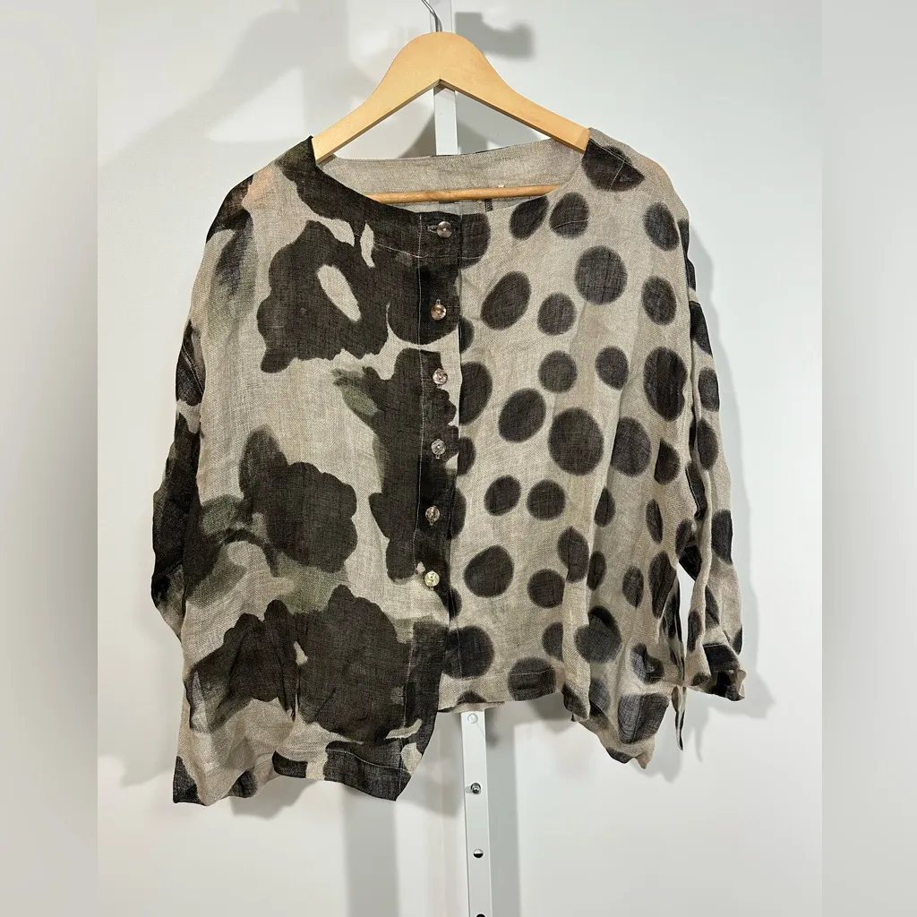 Banana Blue 100% Linen Abstract Floral Dot Blouse | Made in Australia | Size L Tan Size L - Image 2