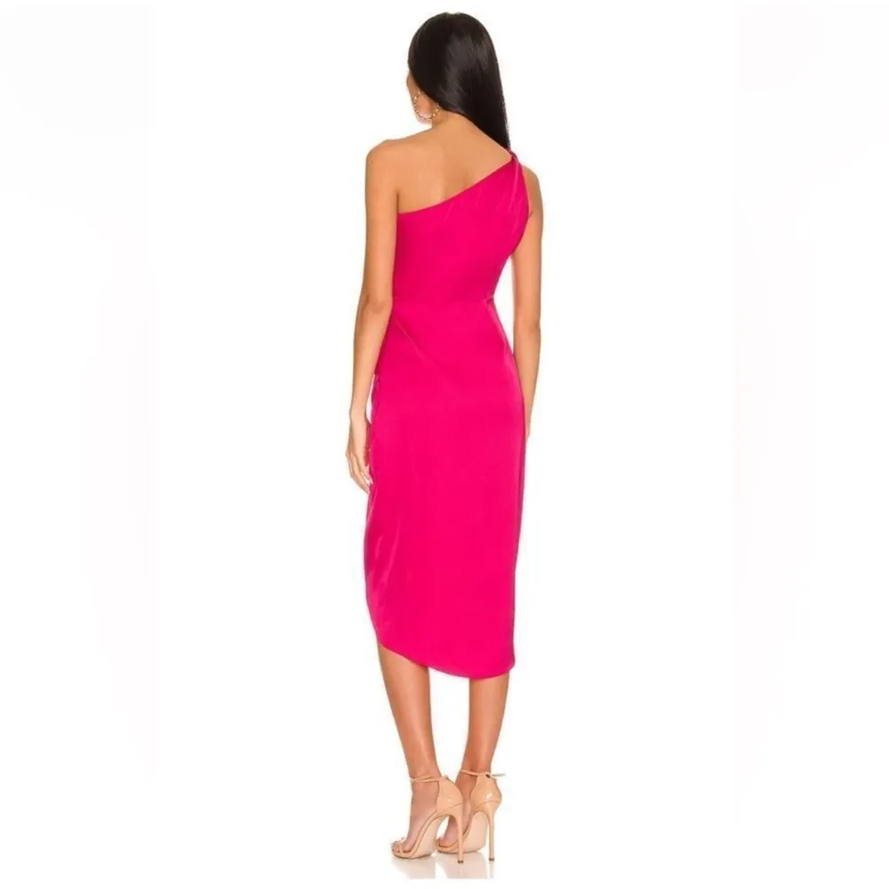 AMUR Deena One Shoulder Midi Dress in Rosie Raspberry Hot Pink Satin Cut Out 6 - Image 6