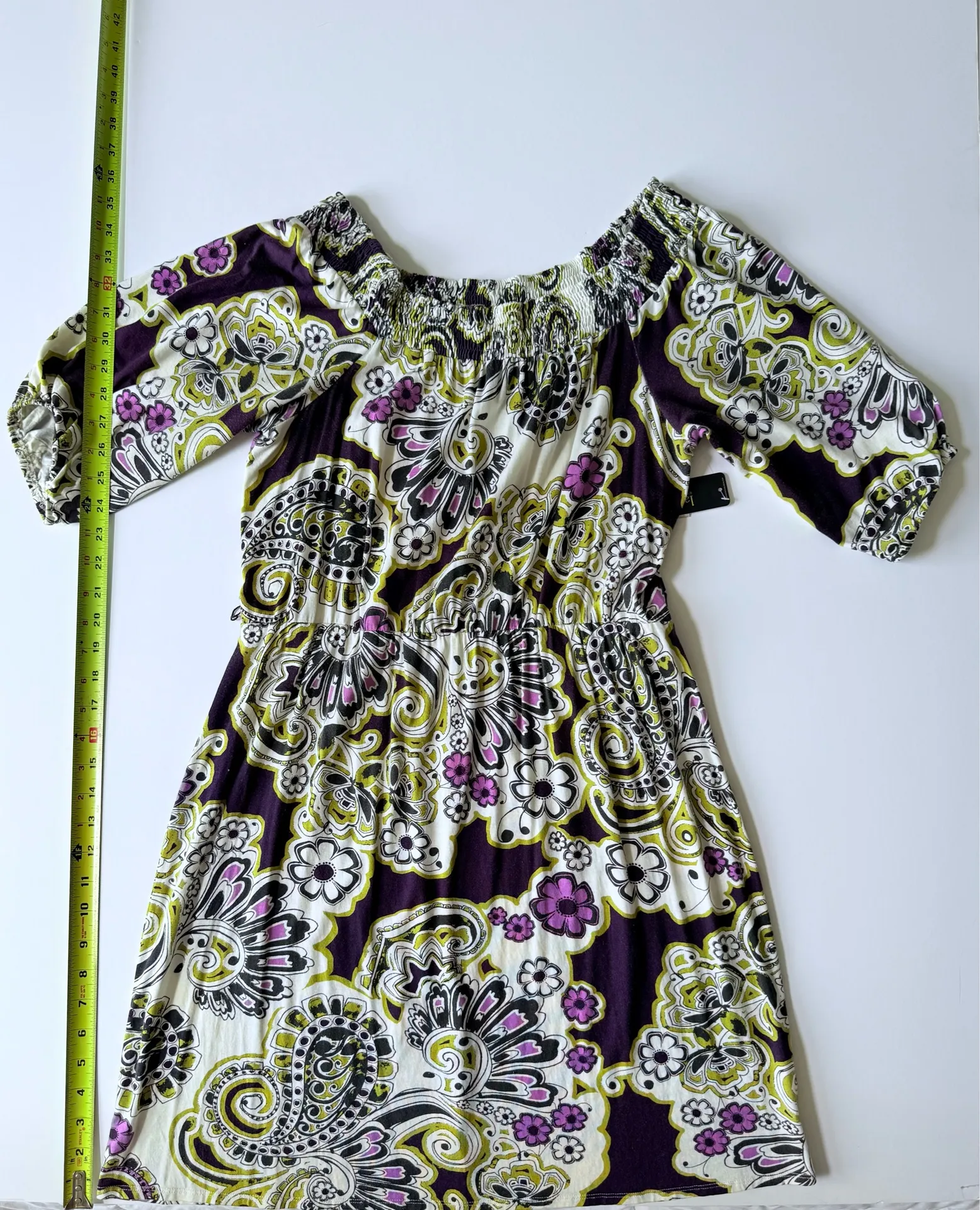 Laundry by Shelli Segal Boho Off Shoulder Paisley Floral Dress Belted Purple New - Image 12