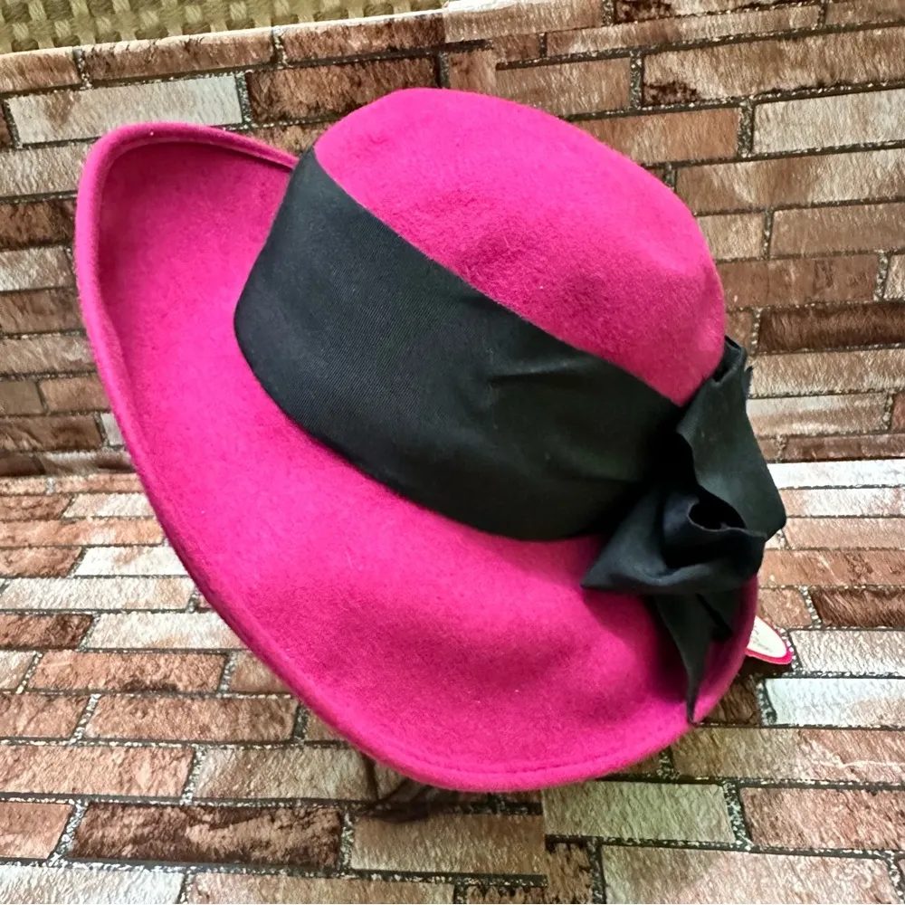 Frank Olive Vintage 1960’s Fuchsia Wide Brim Hat with Black Band Pink - Image 6
