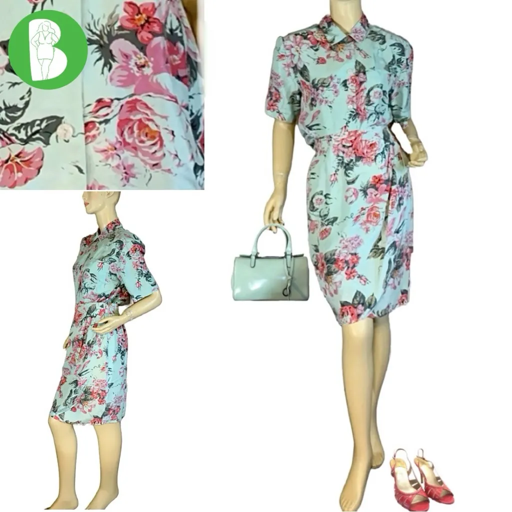 VINTAGE CAROLE LITTLE MINTY GREEN & PINK FLORAL PRINT SILK SKIRT SET (4) - Image 2