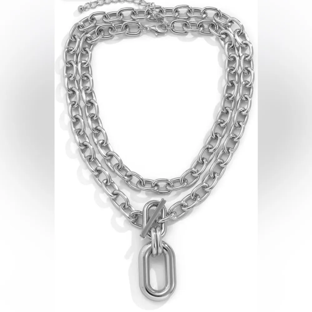 2pcs Silver Layered Chunky Chain Choker Necklace with Toggle Clasp Necklace - Image 4