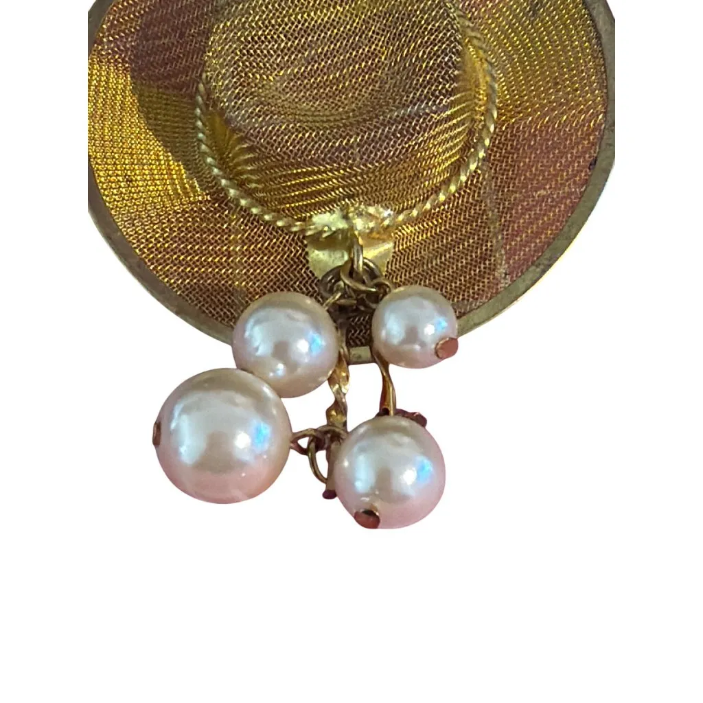 Vintage Gold Tone Mesh Hat Brooch Pin Dangling Faux Pearls 3.5" Estate 11.12g - Image 2