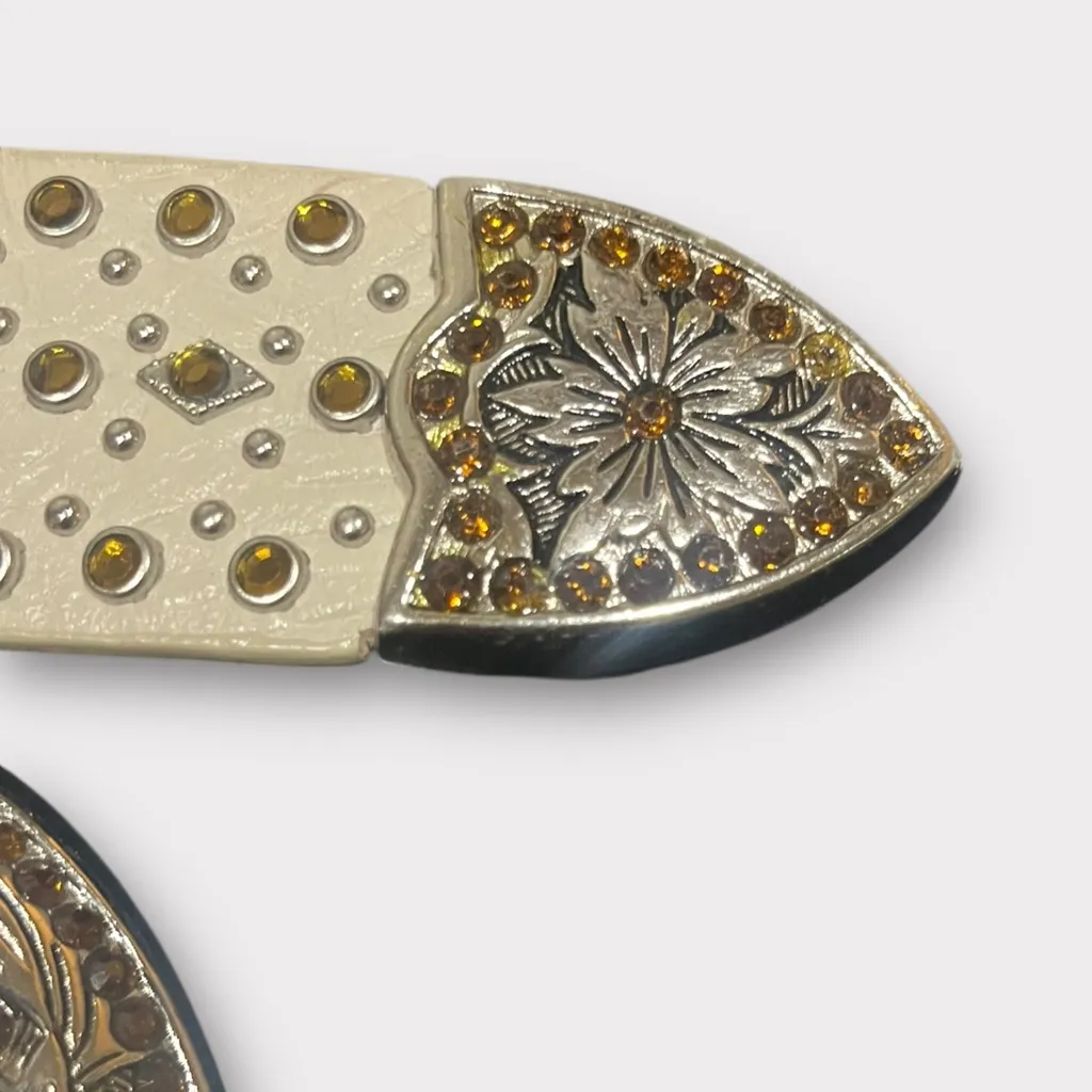 Bronze Studded Bone Colored Genuine Leather Belt with Silver Floral Buckle White - Image 7