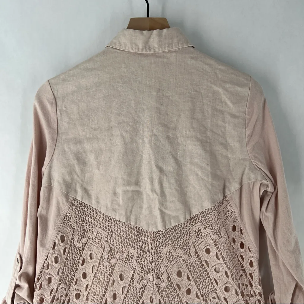 Soft Surroundings Blush Linen Button Down See Through Lace Back‎ High Low Shirt - Image 9