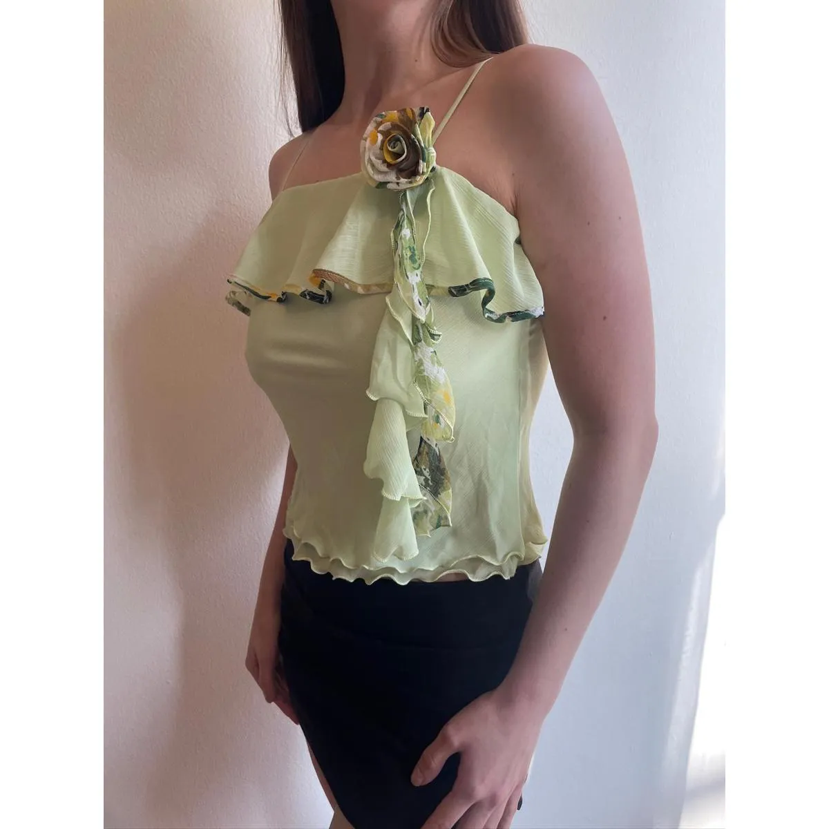 Light Green Y2k Lettuce Trim Ruffle Flower Cami Top - Image 3