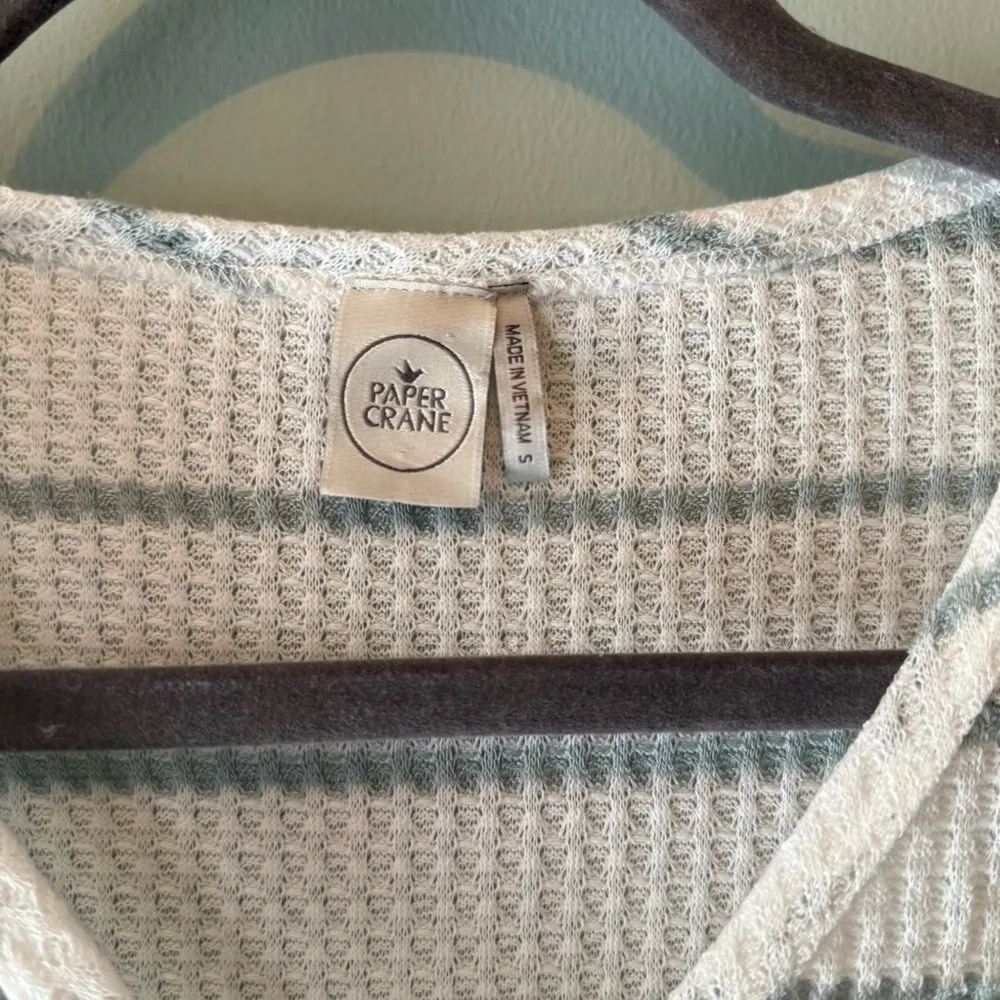 Paper Crane Teal Blue Green and White Striped Women’s Button Up Blouse - Image 3