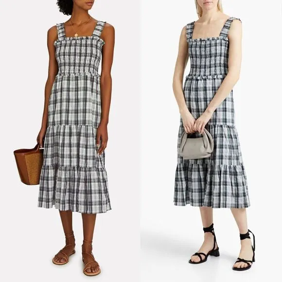 Veronica Beard Ziada Smocked Sleeveless Plaid Midi Dress 4 Black White Tiered - Image 2