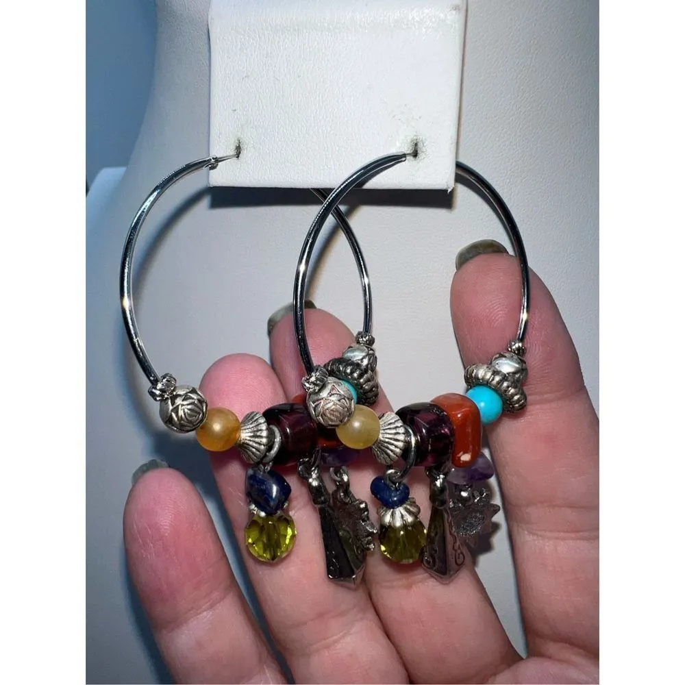 Boho Silver Tone Charm and Stone Dangle Charm Hoop Earrings - Image 5