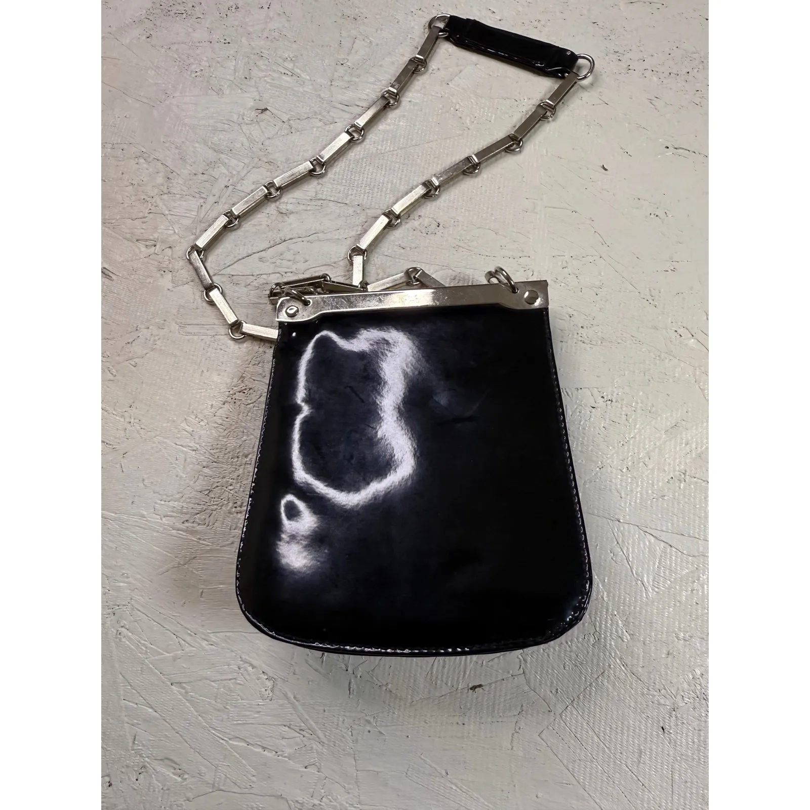 Vintage Studio Black Patent Leather Silver Chain Strap Mini‎ Bag Purse - Image 3