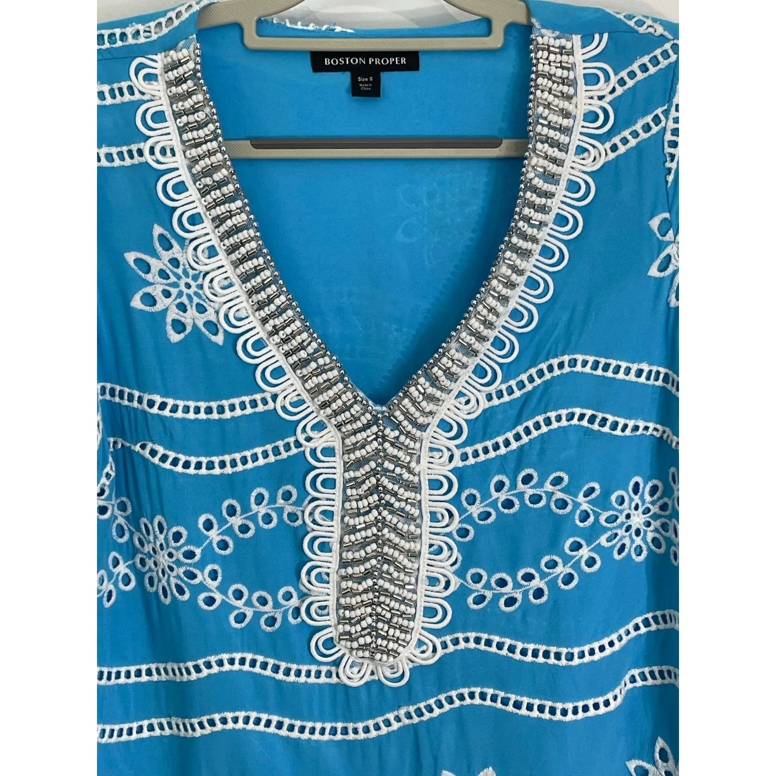 Boston Proper Blouse Small Turquoise Floral Eyelet Beaded Maximalist Artsy - Image 2