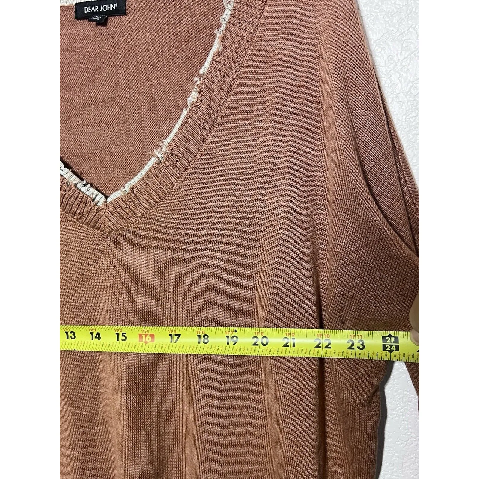 Dear John Distressed Neck and Cuff Rust Orange V Neck Sweater Large - Image 9