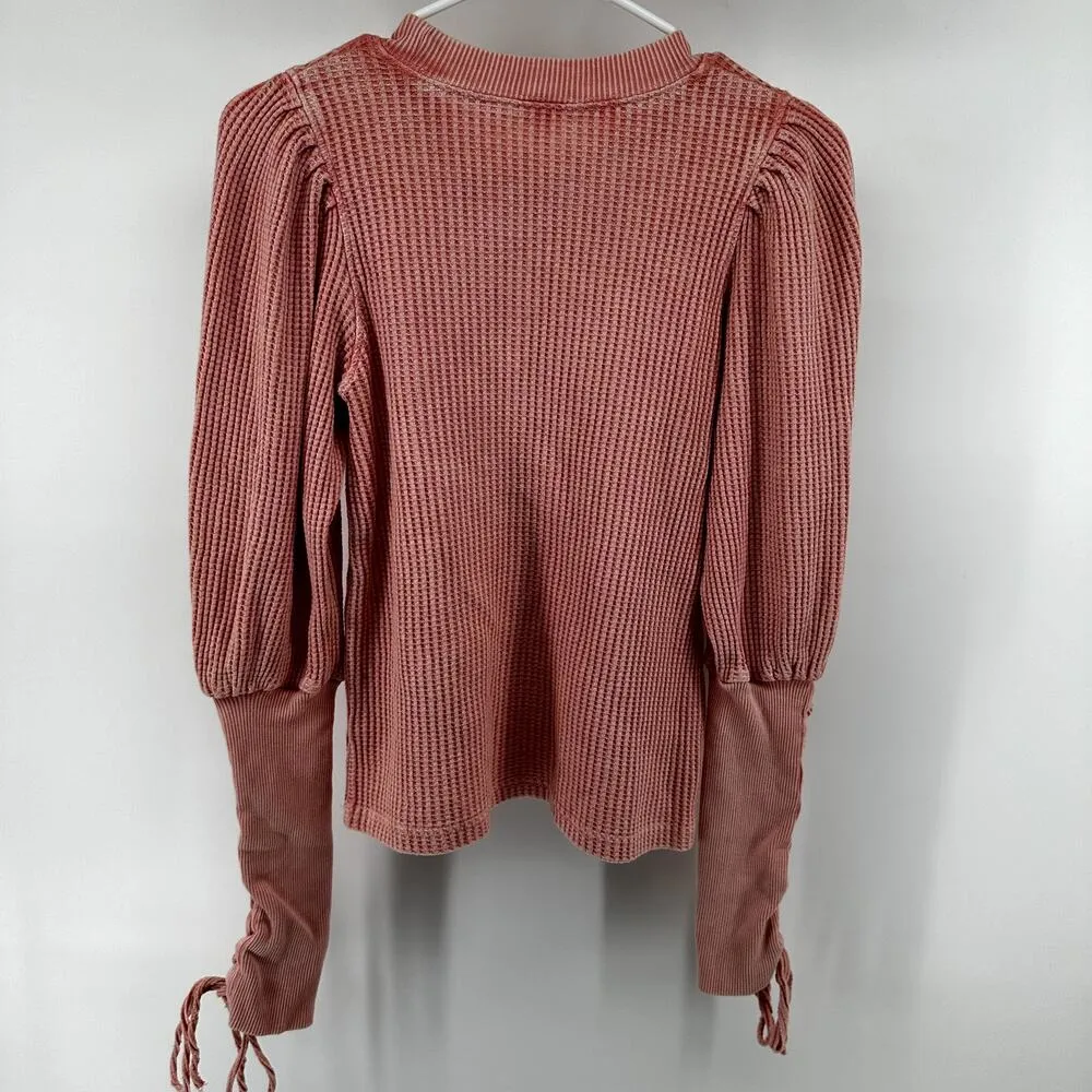 Free People Tasha Thermal Top Waffle Knit Lace Up Crew Neck Puff Sleeve Pink XS - Image 6