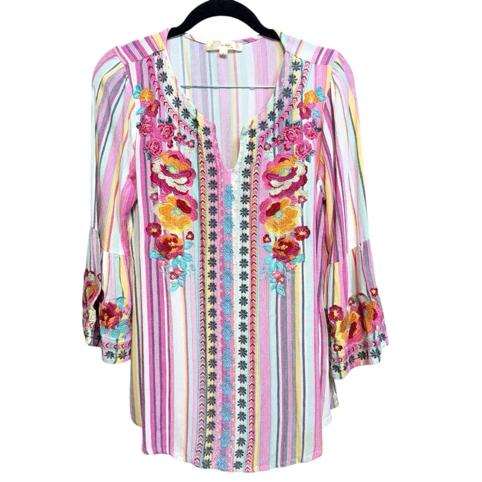 Andree Boho Floral Heavily Embroidered Tunic Top Size S Striped Bell Sleeve - Image 2