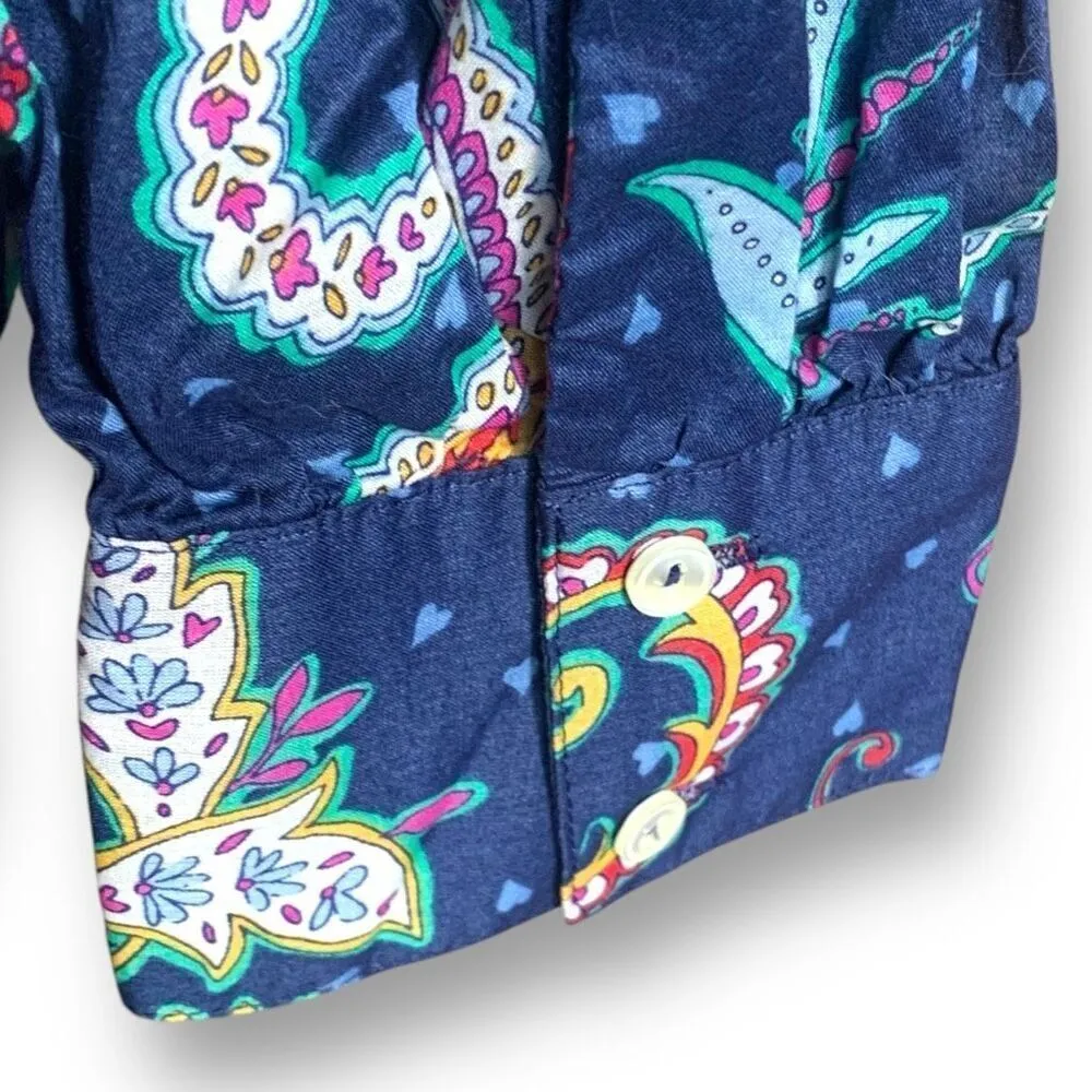Talbots Navy Paisley Heart Print Ruffled Button-Up Long Sleeve Top Size Medium - Image 5
