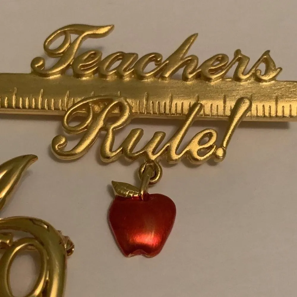 Lot Of 2 Costume Jewelry Brooches Gold Tone Teachers Rule • I Heart To Teach - Image 3