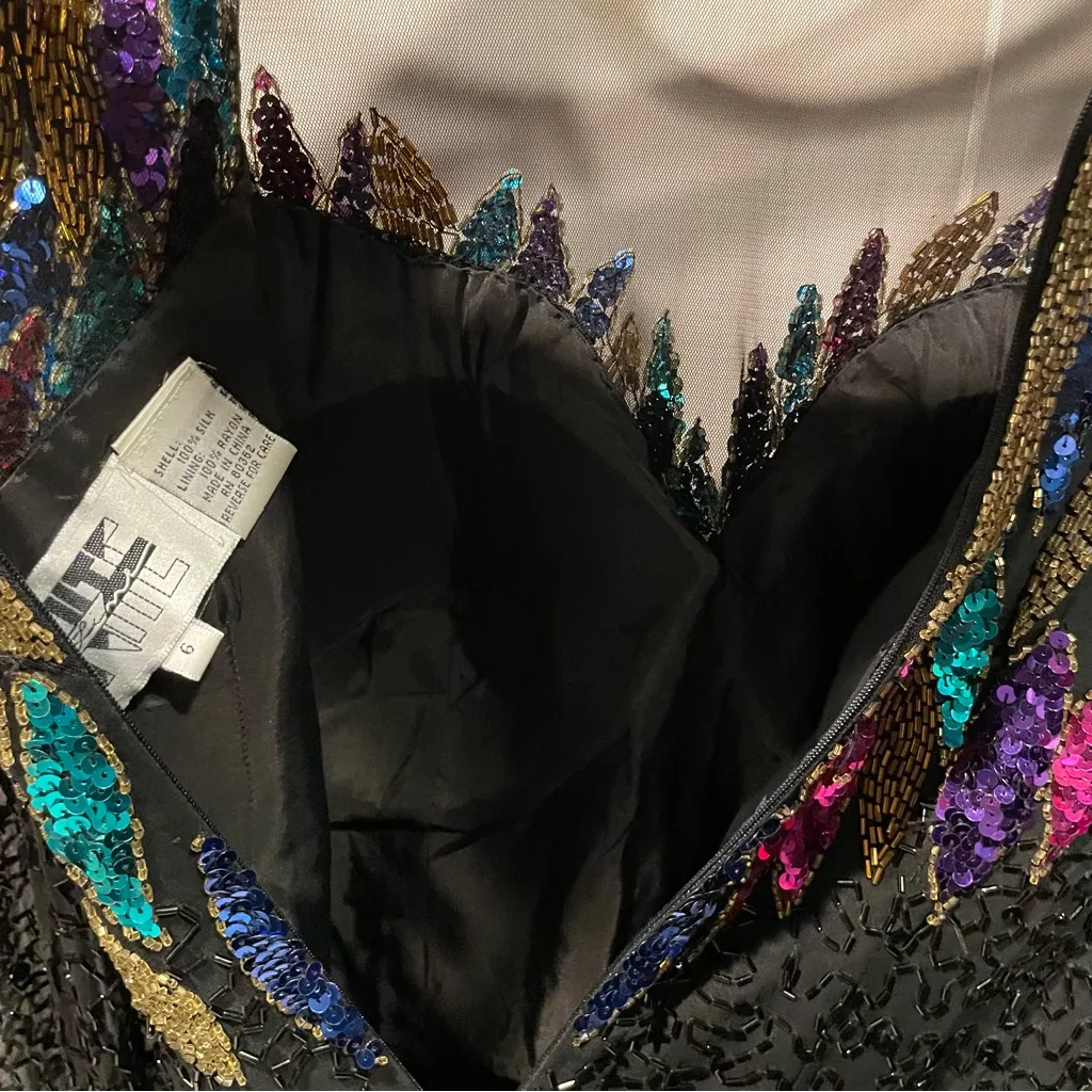 Vintage 80s Nite Line silk mesh beaded sequin floating neckline mini dress fancy Black Size XS - Image 8