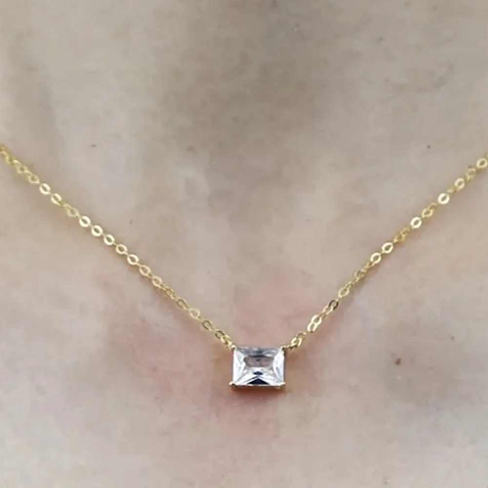 NEW‎ Minimalist Gold Necklace with Simulated Diamond Emerald Cut Pendant, 16-18” - Image 5