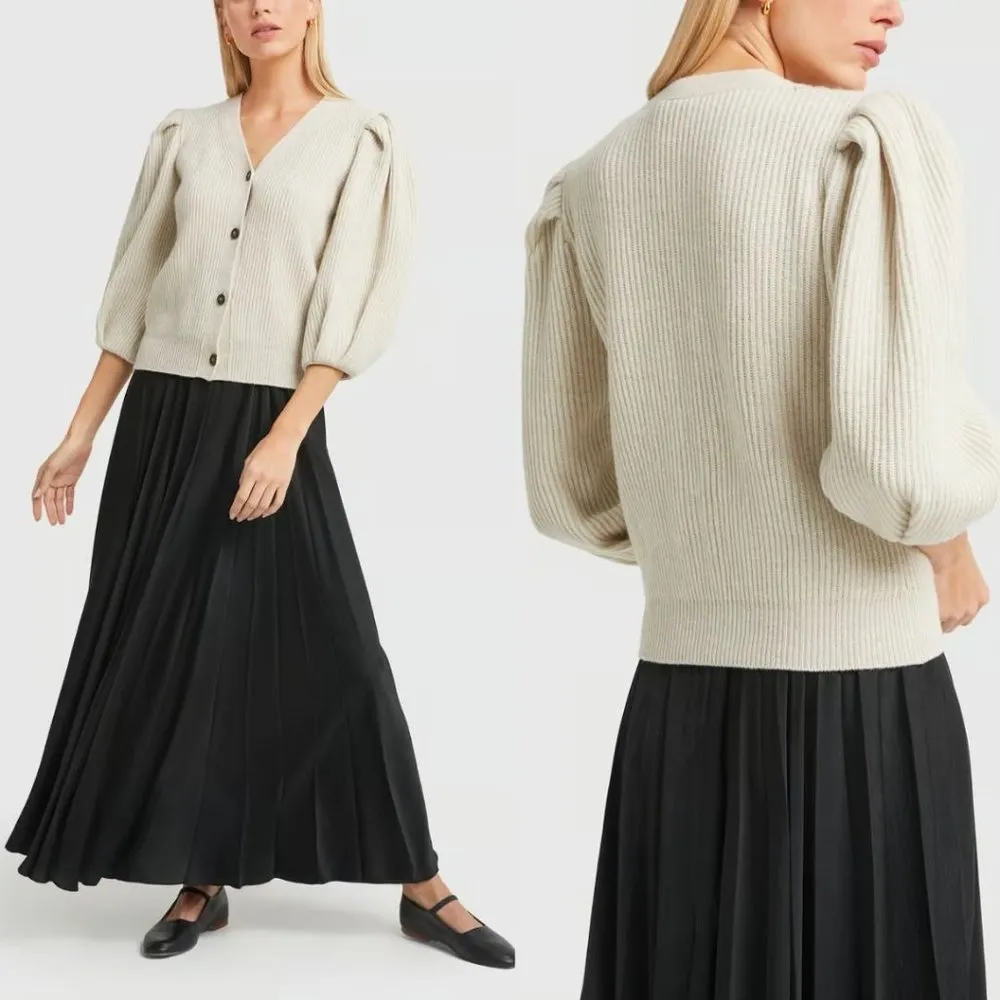 G. Label by GOOP Foster Ribbed Puff Sleeve Cardigan Sweater Ivory Merino Wool - Image 2